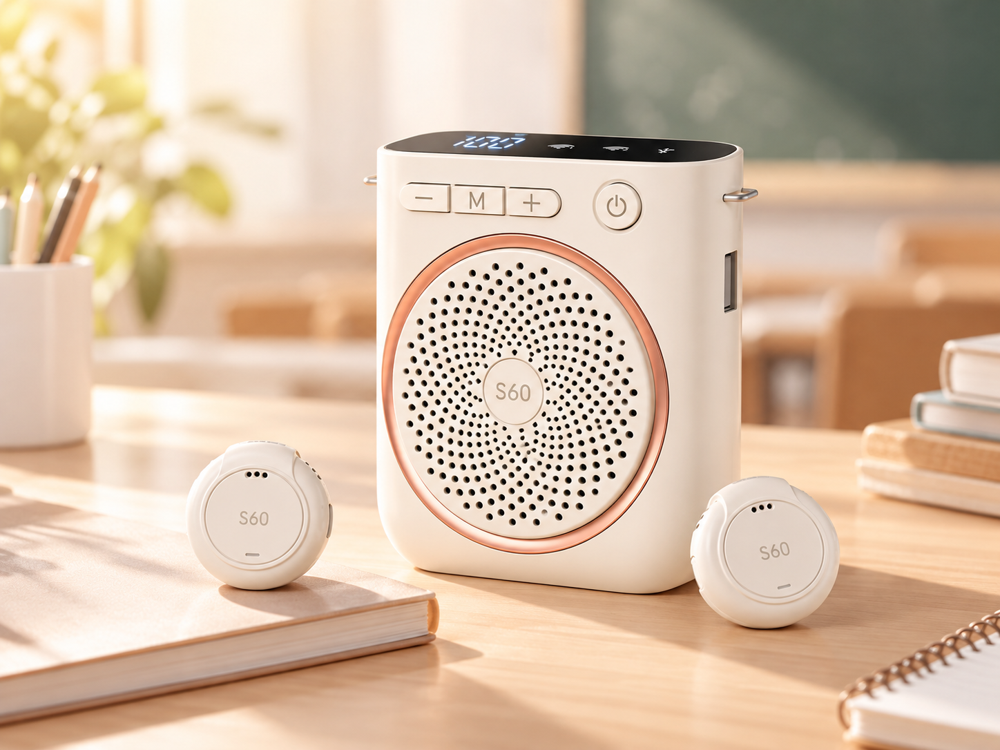 Mặt trước máy trợ giảng S60 cùng hai micro