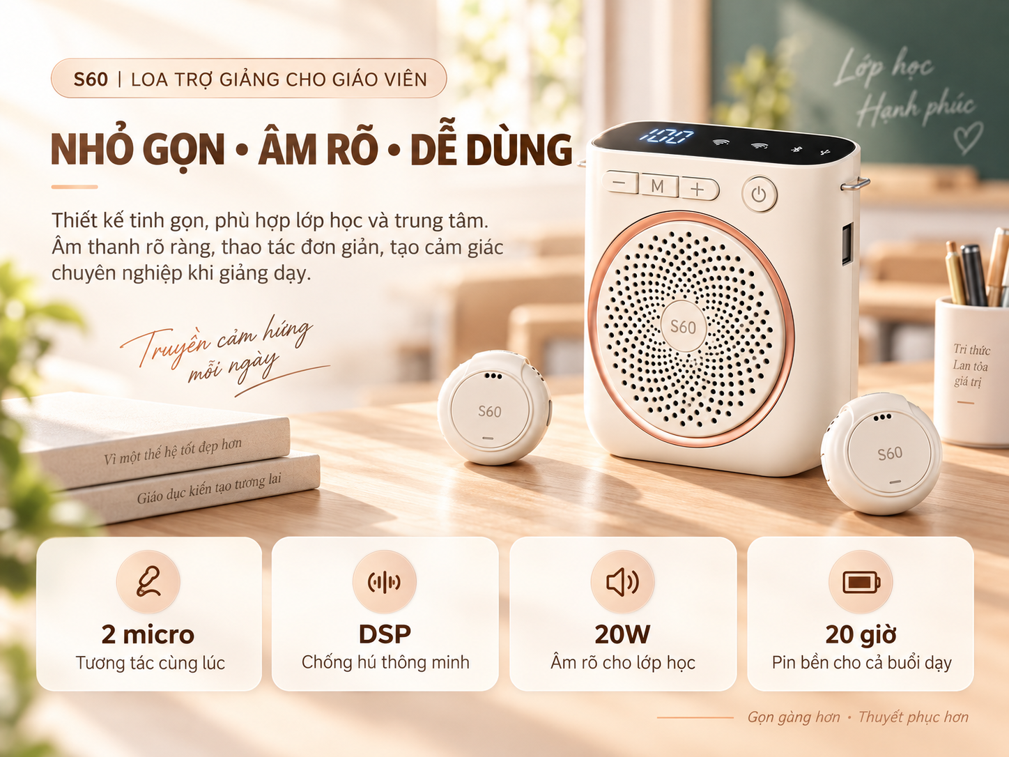 S60 nhỏ gọn, âm rõ, dễ dùng với hai micro không dây, DSP, công suất 20W và pin 20 giờ